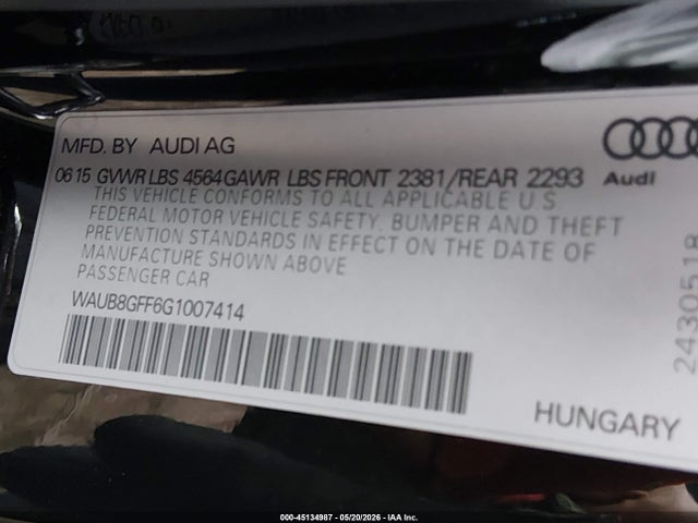 45134987 :رقم المزاد ، WAUB8GFF6G1007414 vin ، 2016 Audi A3 2.0t Premium مزاد بيع