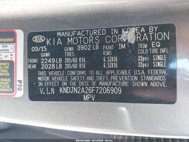 Aukcja sprzedaży 2015 Kia Soul, vin: KNDJN2A26F7206909, numer aukcji: 45134988