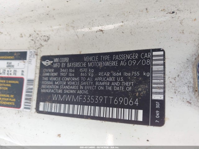 Продаж на аукціоні авто 2009 Mini Cooper, vin: WMWMF33539TT69064, номер лоту: 45134995