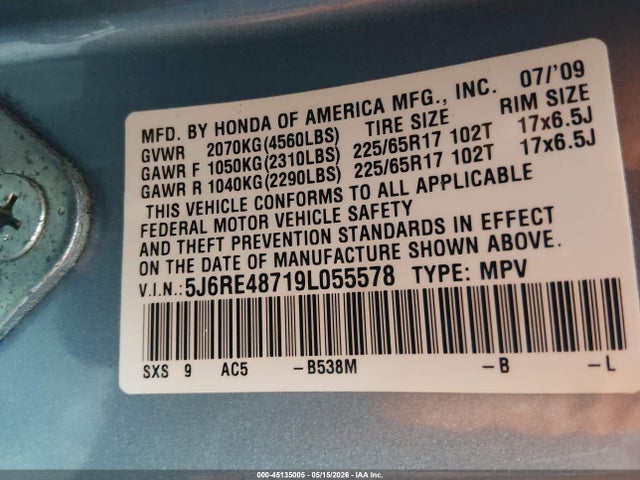 Продаж на аукціоні авто 2009 Honda Cr-v Ex-l, vin: 5J6RE48719L055578, номер лоту: 45135005