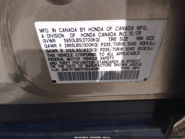 2007 Honda Pilot Ex-l მანქანა იყიდება აუქციონზე, vin: 2HKYF18617H524061, აუქციონის ნომერი: 45135012