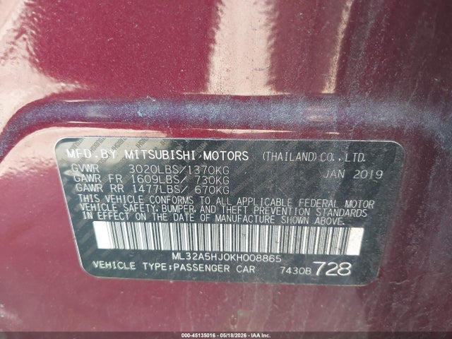 Продажа на аукционе авто 2019 Mitsubishi Mirage Le, vin: ML32A5HJ0KH008865, номер лота: 45135016