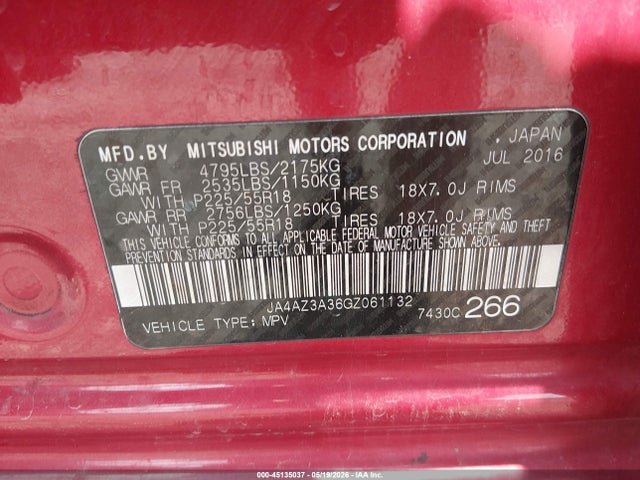 Aukcja sprzedaży 2016 Mitsubishi Outlander Sel, vin: JA4AZ3A36GZ061132, numer aukcji: 45135037