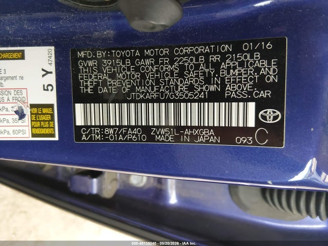 Aukcja sprzedaży 2016 Toyota Prius Three, vin: JTDKARFU7G3505241, numer aukcji: 45135040