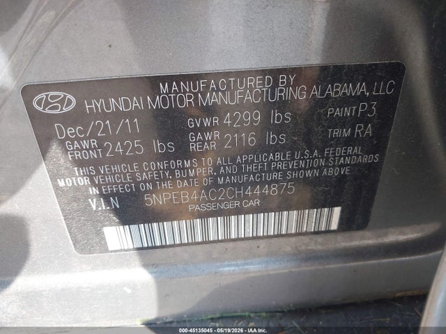 45135045 :رقم المزاد ، 5NPEB4AC2CH444875 vin ، 2012 Hyundai Sonata Gls مزاد بيع