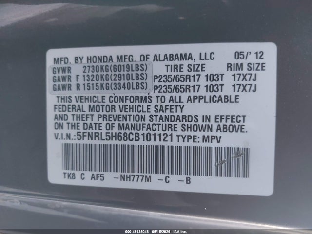 Aukcja sprzedaży 2012 Honda Odyssey Ex-l, vin: 5FNRL5H68CB101121, numer aukcji: 45135046