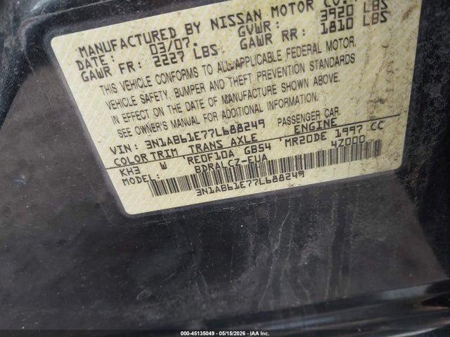 Продаж на аукціоні авто 2007 Nissan Sentra 2.0, vin: 3N1AB61E77L688249, номер лоту: 45135049