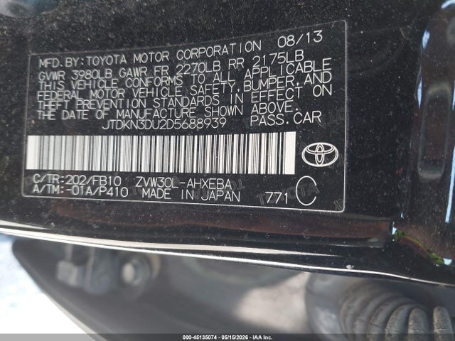 45135074 :رقم المزاد ، JTDKN3DU2D5688939 vin ، 2013 Toyota Prius Three مزاد بيع
