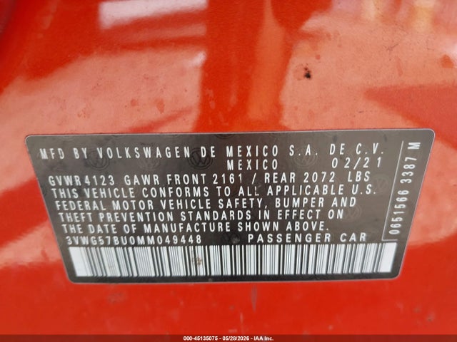 Aukcja sprzedaży 2021 Volkswagen Jetta 1.4t Sel Premium, vin: 3VWG57BU0MM049448, numer aukcji: 45135075