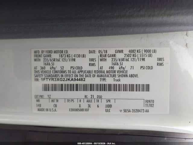 Aukcja sprzedaży 2018 Ford Transit-250, vin: 1FTYR3XG2JKA94482, numer aukcji: 45135084