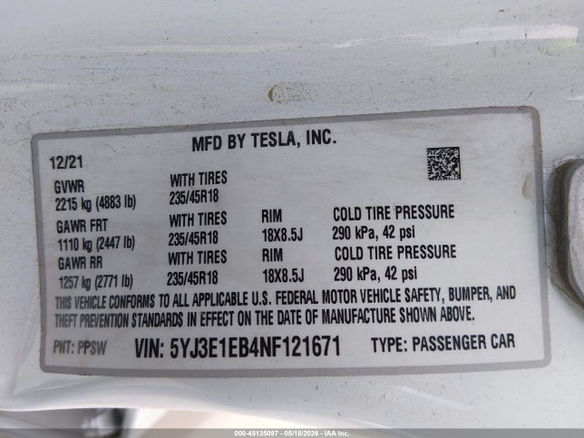 Aukcja sprzedaży 2022 Tesla Model 3 Long Range Dual Motor All-wheel Drive, vin: 5YJ3E1EB4NF121671, numer aukcji: 45135097