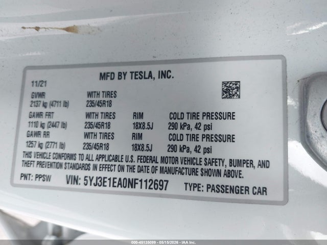 Aukcja sprzedaży 2022 Tesla Model 3 Rear-wheel Drive, vin: 5YJ3E1EA0NF112697, numer aukcji: 45135099
