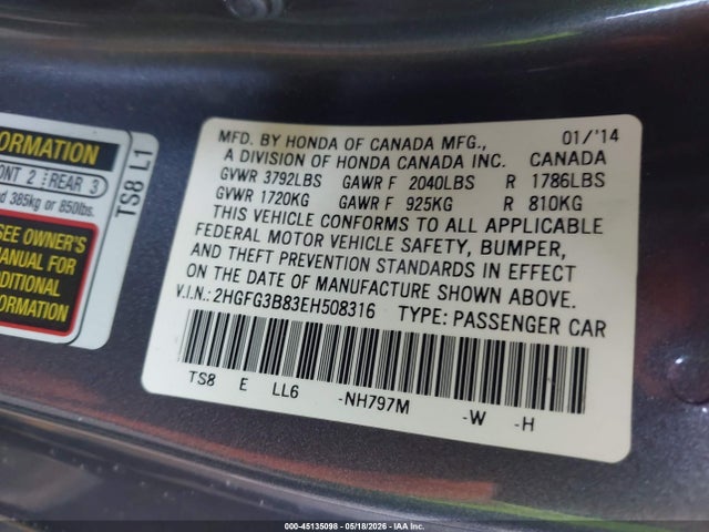 Honda CIVIC EX 2014 2HGFG3B83EH508316 Image 9