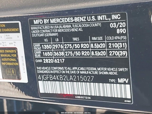 Продаж на аукціоні авто 2020 Mercedes-benz Gle 350 4matic, vin: 4JGFB4KB2LA215027, номер лоту: 45135100