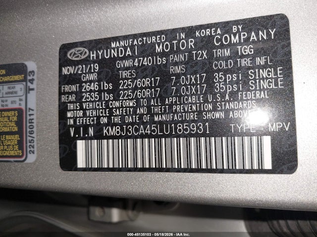 Продаж на аукціоні авто 2020 Hyundai Tucson Value, vin: KM8J3CA45LU185931, номер лоту: 45135103