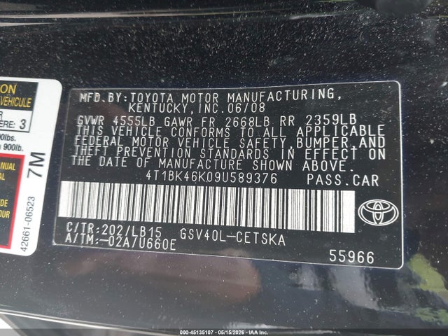 Продажа на аукционе авто 2009 Toyota Camry Se V6, vin: 4T1BK46K09U589376, номер лота: 45135107
