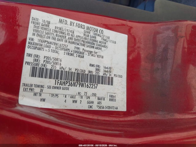 2009 Ford Focus Ses მანქანა იყიდება აუქციონზე, vin: 1FAHP36N79W162257, აუქციონის ნომერი: 45135108