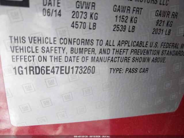 2014 Chevrolet Volt მანქანა იყიდება აუქციონზე, vin: 1G1RD6E47EU173260, აუქციონის ნომერი: 45135120