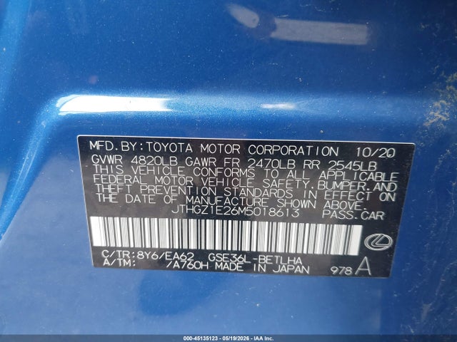 Продаж на аукціоні авто 2021 Lexus Is 350 F Sport, vin: JTHGZ1E26M5018613, номер лоту: 45135123