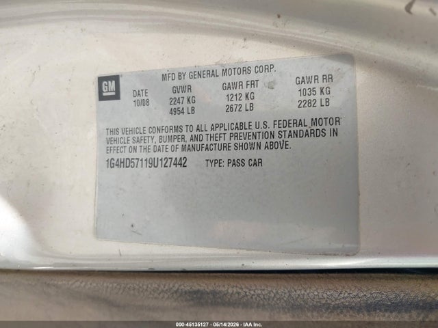 2009 Buick Lucerne Cxl მანქანა იყიდება აუქციონზე, vin: 1G4HD57119U127442, აუქციონის ნომერი: 45135127