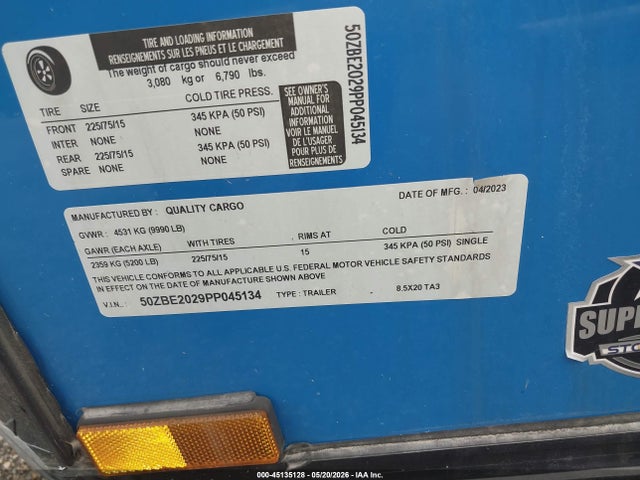 Aukcja sprzedaży 2023 Quality 20' Enclosed Trailer, vin: 50ZBE2029PP045134, numer aukcji: 45135128