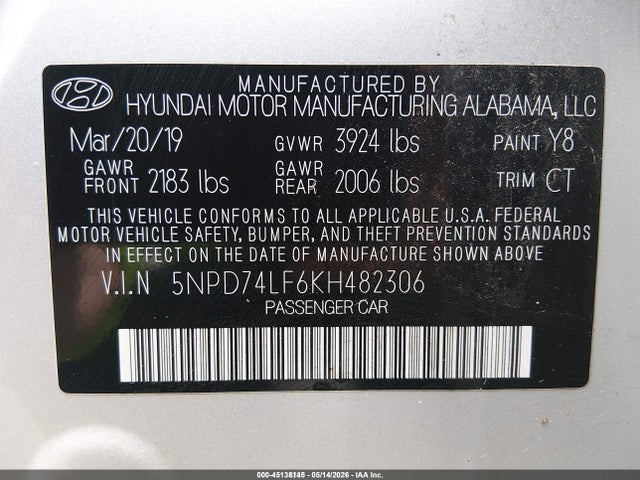 Продаж на аукціоні авто 2019 Hyundai Elantra Se, vin: 5NPD74LF6KH482306, номер лоту: 45135145