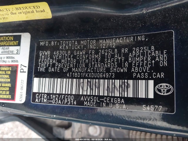 45135150 :رقم المزاد ، 4T1BD1FKXDU064973 vin ، 2013 Toyota Camry Hybrid Xle مزاد بيع