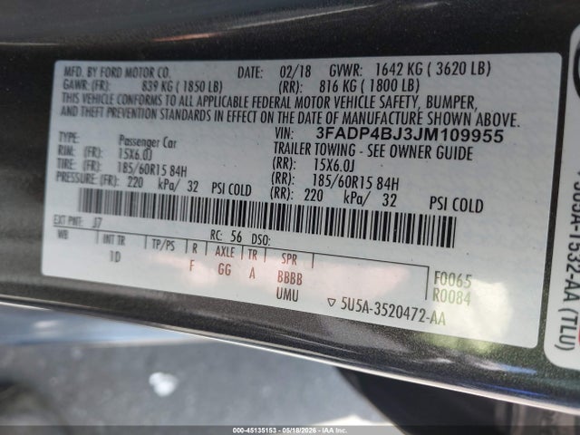 3FADP4BJ3JM109955 Ford FIESTA SE