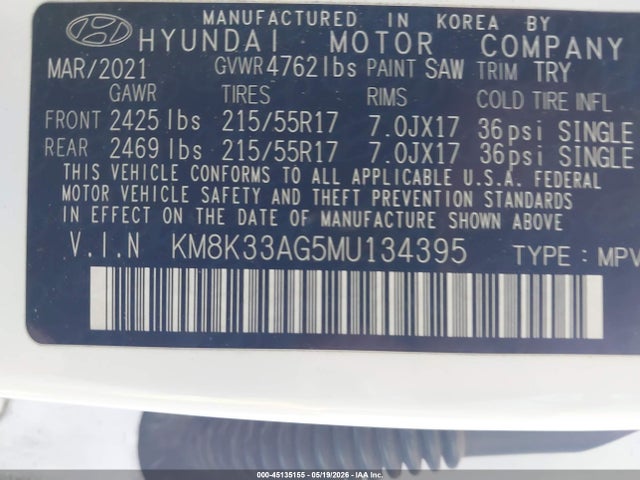 2021 Hyundai Kona Electric Limited მანქანა იყიდება აუქციონზე, vin: KM8K33AG5MU134395, აუქციონის ნომერი: 45135155