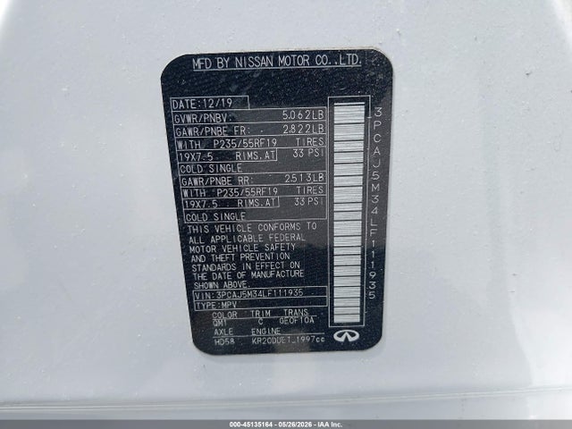 Продаж на аукціоні авто 2020 Infiniti Qx50 Luxe Awd, vin: 3PCAJ5M34LF111935, номер лоту: 45135164