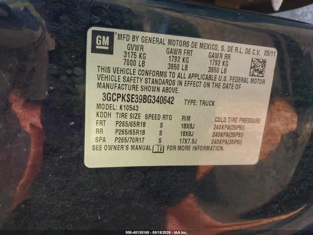 45135165 :رقم المزاد ، 3GCPKSE39BG340642 vin ، 2011 Chevrolet Silverado 1500 Lt مزاد بيع