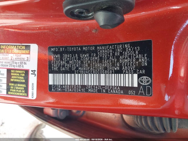 45135166 :رقم المزاد ، 2T1BU4EE8DC068681 vin ، 2013 Toyota Corolla S Special Edition مزاد بيع