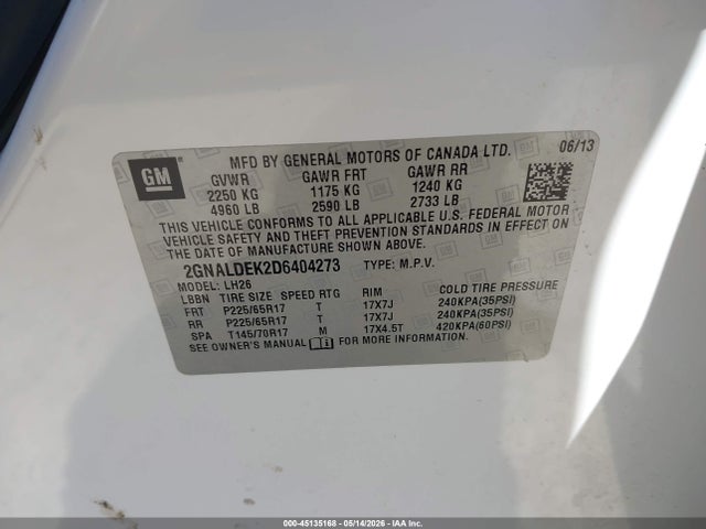 Aukcja sprzedaży 2013 Chevrolet Equinox 1lt, vin: 2GNALDEK2D6404273, numer aukcji: 45135168