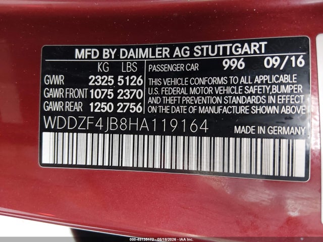 Aukcja sprzedaży 2017 Mercedes-benz E 300, vin: WDDZF4JB8HA119164, numer aukcji: 45135172