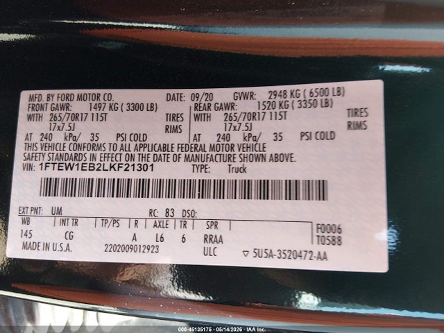 Ford F-150 Xl 2020 1FTEW1EB2LKF21301 Image 9