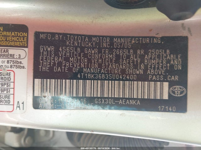 Aukcja sprzedaży 2005 Toyota Avalon Xl, vin: 4T1BK36B35U042400, numer aukcji: 45135179
