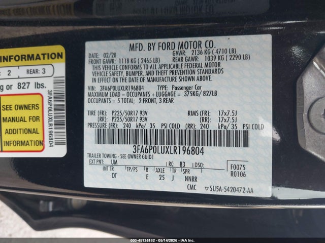 Aukcja sprzedaży 2020 Ford Fusion Hybrid Se, vin: 3FA6P0LUXLR196804, numer aukcji: 45135182