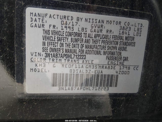 Продаж на аукціоні авто 2017 Nissan Sentra Sv, vin: 3N1AB7AP0HL712223, номер лоту: 45135195