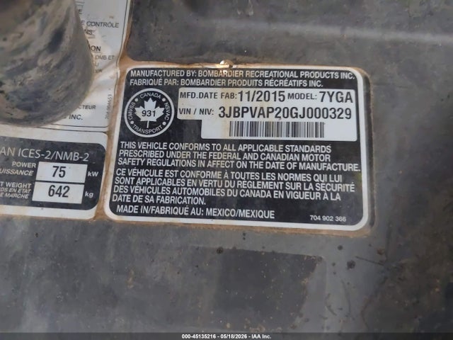 45135216 :رقم المزاد ، 3JBPVAP20GJ000329 vin ، 2016 Can-am Maverick Xc 1000r/dps 1000r مزاد بيع