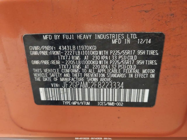 45135220 :رقم المزاد ، JF2GPAMC2F8223334 vin ، 2015 Subaru Xv Crosstrek 2.0i Limited مزاد بيع