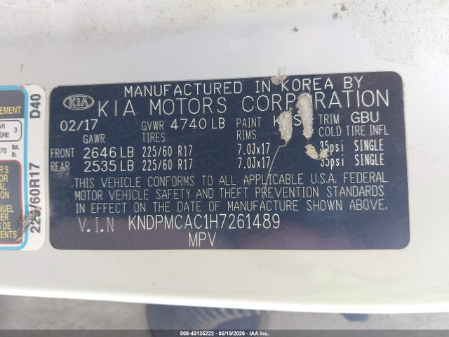 45135222 :رقم المزاد ، KNDPMCAC1H7261489 vin ، 2017 Kia Sportage Lx مزاد بيع