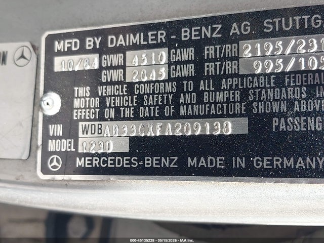 Aukcja sprzedaży 1985 Mercedes-benz 300 Dt, vin: WDBAB33CXFA209138, numer aukcji: 45135228