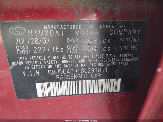 45135241 :رقم المزاد ، KMHDU46D18U291891 vin ، 2008 Hyundai Elantra Gls/se مزاد بيع