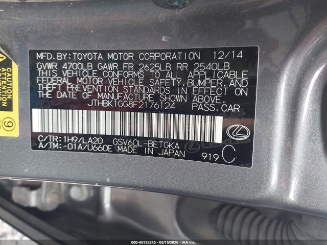 Aukcja sprzedaży 2015 Lexus Es 350, vin: JTHBK1GG8F2176124, numer aukcji: 45135245