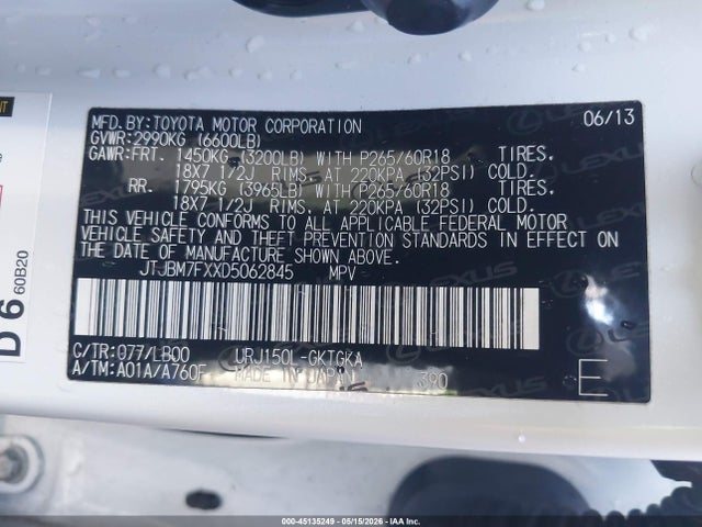Продажа на аукционе авто 2013 Lexus Gx 460, vin: JTJBM7FXXD5062845, номер лота: 45135249