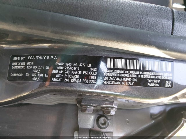Aukcja sprzedaży 2018 Jeep Renegade Latitude Fwd, vin: ZACCJABH8JPH91005, numer aukcji: 45135252