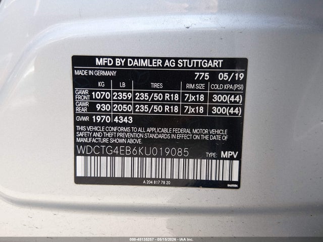 45135257 :رقم المزاد ، WDCTG4EB6KU019085 vin ، 2019 Mercedes-benz Gla 250 مزاد بيع