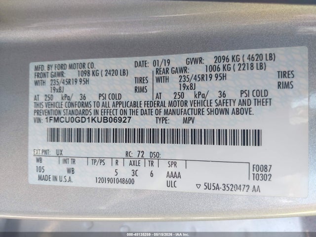45135259 :رقم المزاد ، 1FMCU0GD1KUB06927 vin ، 2019 Ford Escape Se مزاد بيع