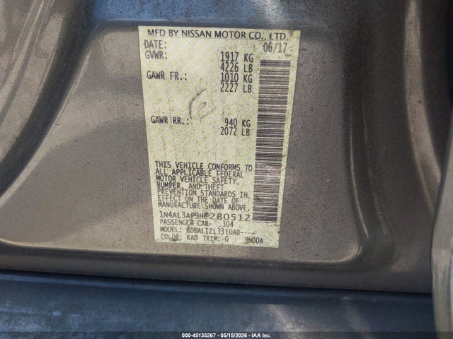Aukcja sprzedaży 2017 Nissan Altima 2.5 Sv, vin: 1N4AL3AP9HC280512, numer aukcji: 45135267