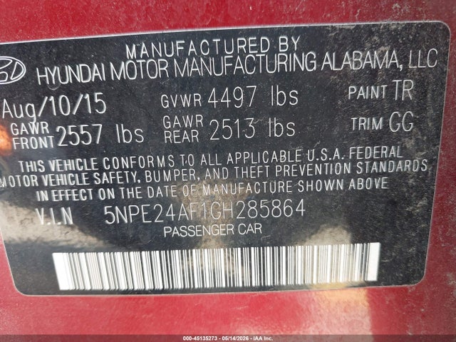 2016 Hyundai Sonata Se მანქანა იყიდება აუქციონზე, vin: 5NPE24AF1GH285864, აუქციონის ნომერი: 45135273